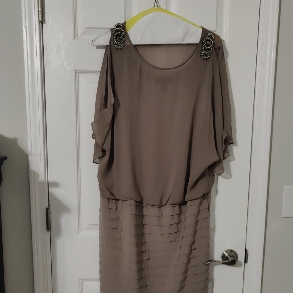 Stylish Taupe Dress with Beaded Shoulders
